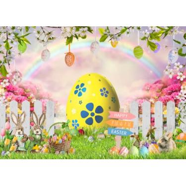 Imagem de LYCGS 2,4 x 1,8 m Pano de fundo de Páscoa Feliz Páscoa Colorido Ovos Flores Coelho Flores Grama Arco-íris Pano de Fundo para Fotos de Festa de Páscoa Infantil X-215