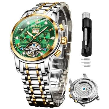 Imagem de OLEVS Relógio de pulso masculino esqueleto de luxo com diamante, automático, mecânico, automático, luminoso, à prova d'água, Mostrador verde, 9910