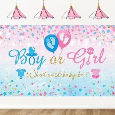 Imagem de Decoração de festa revelação de gênero fundo fotográfico azul rosa What Will Baby Be Banner chá de bebê pano de fundo para fotografia