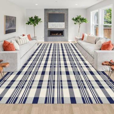 Imagem de Aoczes Tapete xadrez de búfalo, 20 x 25 cm, algodão, xadrez, azul marinho e off-white, retrô, xadrez, ambientes externos, lavável, para sala de estar, quarto, fazenda, pátio