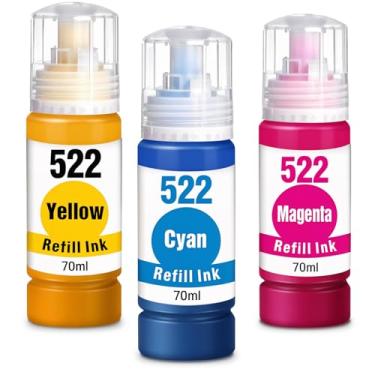 Imagem de Refil de tinta 522 para Epson 522 refil de tinta para impressora Epson ET-2803 ET-2800 ET-2720 ET-4700 ET-2840 ET-4800 ET-4810 ET-2400 (ciano, magenta, amarelo), pacote com 3, 70 ml/garrafa