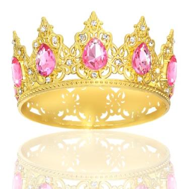 Imagem de CAVETEE Crown Cake Topper，Mini Baby Crown Crystal Princess Tiara Rhinestone Crown Cake Decoration for Wedding Birthday Party (Gold + Pink)