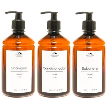 Imagem de Kit 3 Frascos Âmbar Luxo Shampoo Condicionador Sabonete Banheiro Dispenser Organizador Minimalista Decorativo Premium 500ml