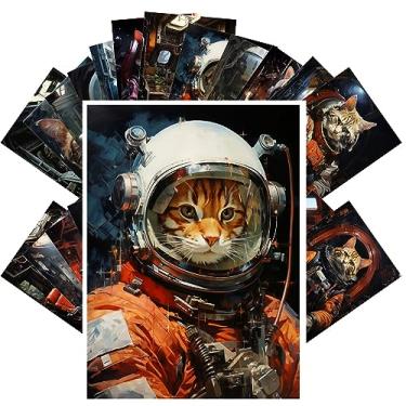Imagem de PIXILUV Cartões postais vintage (24 peças 10 x 15 cm cada) Smart Space Cats em trajes espaciais e foguetes cartões postais vintage retrô cartão comemorativo livro ilustração reimpressão