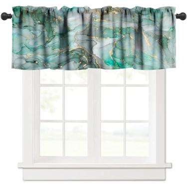 Imagem de Cortinas de sanefa de mármore verde aquarela, abstrato, ciano, líquido, dourado, textura rachada, mármore, eficiência energética, sanefas de bolso para varão, para cozinha, café, janela, 1 painel L