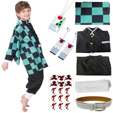 Imagem de XUAURDT Men Kimono Costume Boys Kamado Cosplay Costumes Cloak Outfits Set Halloween Pink Uniform with Accessories for Men (Green, Kids 150)