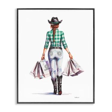 Imagem de Stupell Industries Country Cowgirl Shopper Design de arte de parede giclée emoldurado preto por Amanda Greenwood, 28 x 35