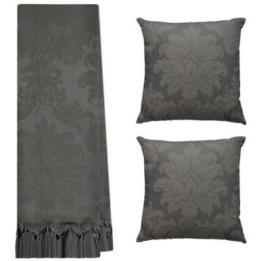 Imagem de Jogo Manta Xale para Sofá Artesanal com Franjas 1,40 x 3,00 com 2 Almofadas (141 CINZA GRAFITE CHUMBO)