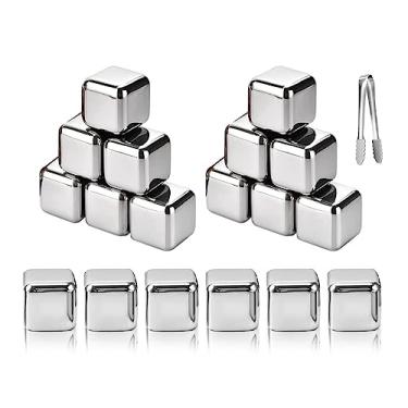 Imagem de Abiyou 18 peças de cubos de gelo de aço inoxidável, cubo de gelo de metal, pinça de gelo antiderrapante, sacos de veludo preto, pedras de uísque refrescante, para uísque, vodca, licores, vinho, suco