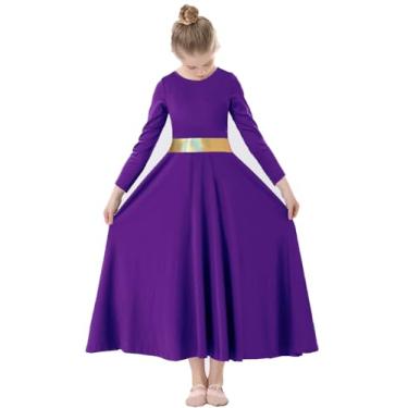 Imagem de TLMNU Vestido de dança de louvor para meninas, dourado, metálico, adoração litúrgica, roupão de igreja, traje lírico, rodado, 03-roxo escuro Tag150