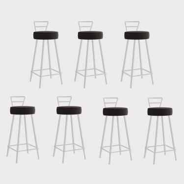 Imagem de Kit 07 Banqueta Alta Com Encosto Tina Eiffel Cozinha Bar Bistrô Ferro Branco Sintético Marrom - Ahazzo Móveis