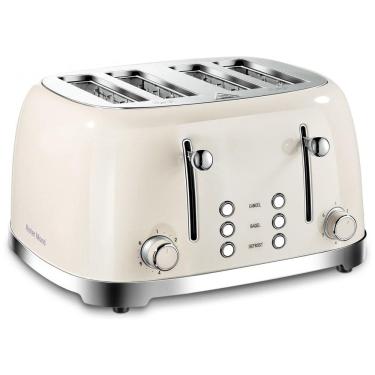 Imagem de Torradeira Elétrica Retrô 4 Fatias em Aço Inoxidável com 6 Níveis de Tostagem e Slot Extremamente largo, 800W, Roter Mond, Creme