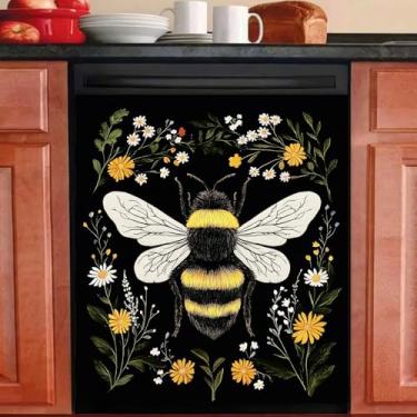 Imagem de BlissYard Capa magnética grande para lava-louças Bee 58 x 66 cm, ímã de máquina de lavar louça, decoração de flores, adesivo de geladeira para casa de fazenda, cozinha, eletrodoméstico, lavadora