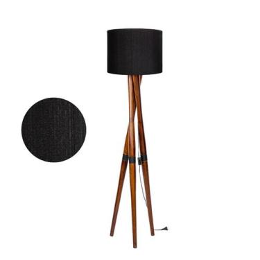 Imagem de Luminária Chão Abajur Tripe Cúpula Clássica Preta Pés De Madeira Maciç