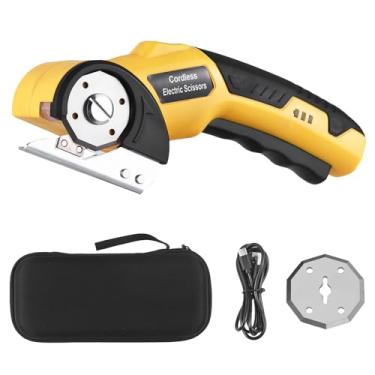 Imagem de Mulcort Tesoura elétrica sem fio, mini cortador de papelão recarregável de 4 V, tesoura rotativa elétrica com 2 lâminas de segurança, cabo de carregamento USB e bolsa de armazenamento para embalagens