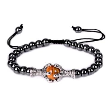 Imagem de eMeition Pulseira masculina de hematita com contas de cristal de pedra de hematita dragão águia garra tripla pulseira turmalina olho de tigre obsidiana preta contas de cura para homens, One Size