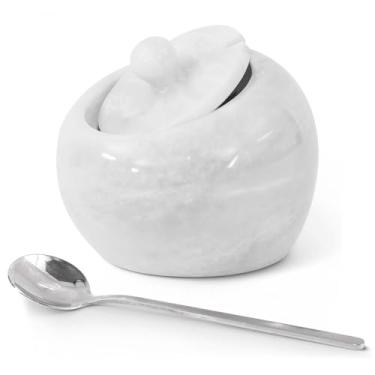 Imagem de Radicaln Saleiro de mármore com tampa, caixa de sal branca de 10 cm, recipiente de temperos e potes de especiarias, suporte de sal de pedra para balcão, pote de especiarias