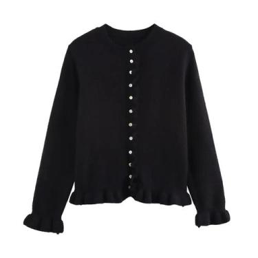 Imagem de Cardigan Feminino de Malha com Babados - Manga Comprida, Gola Redonda 