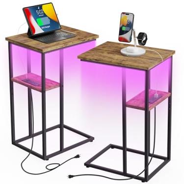 Imagem de Innerjoin Mesa lateral com estação de carregamento conjunto de 2, mesa de canto em forma de C com 2 tomadas, carregamento rápido tipo C e portas USB, mesa lateral pequena para sofá lanche laptop mesa lateral para sala de estar quarto, marrom rústico