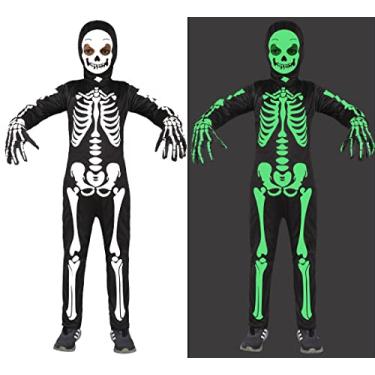 Imagem de Fantasia de esqueleto infantil que brilha no escuro com máscara de capuz de esqueleto preto 8-10 anos