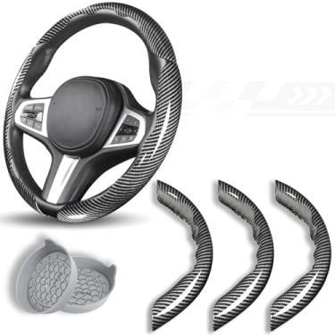 Imagem de Capa de volante de carro, 3 peças de capas de volante de fibra de carbono brilhante, protetor de volante antiderrapante, ótima aderência, acessórios universais para decoração de carro para 37-38 cm