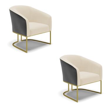 Imagem de Kit 02 Poltronas Preto Com Linho Bege A19 Base Dourada