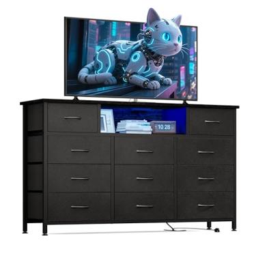 Imagem de YGEOMER Cômoda longa para quarto, suporte de TV de 65 polegadas com estação de carregamento e luzes LED, cômoda preta com 11 gavetas, cômoda de tecido com acabamento de poliuretano para quarto,