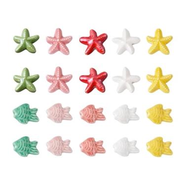 Imagem de Fashewelry 20 peças de porcelana feita à mão, espaçador de peixes e estrela-do-mar, cabochões, tema oceano, cores mistas, contas soltas de cerâmica para pulseira, colar, brinco, fabricação de joias