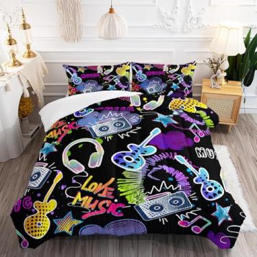 Imagem de XYNHML Conjunto de cama com 3 peças de edredom de guitarra colorida Queen com notas musicais, rádio, estrela, para crianças, adolescentes, meninos, adultos, desenho animado, amor, rock, decoração de