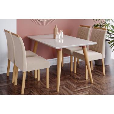 Imagem de Conjunto: Mesa Sala Jantar Adele c/ Tampo Madeirado 130cm + 4 Cadeiras Juliana Madeira/Suede Nude - Cimol