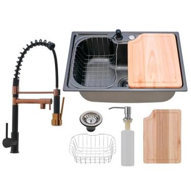 Imagem de Kit Cuba Cozinha Gourmet Tábua C/ Torneira Spray Preta Rosê - Kparts I