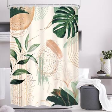 Imagem de Mitpok Cortina de chuveiro Boho 48Lx72H pequena tenda estreita abstrata meados do século folhas verdes tropical planta palmeira arco geométrico moderno decoração de banheiro cortina de banho botânica