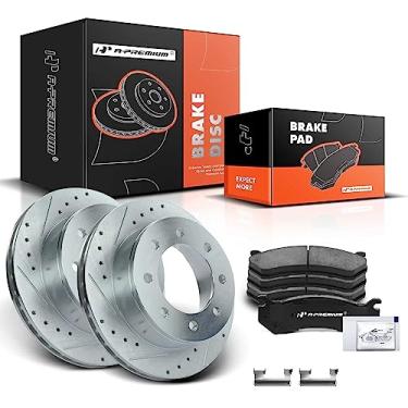 Imagem de A-Premium Kit De Rotores Freio A Disco Traseiros Perfurados E Ranhurados 12,99" (330 Mm) + Pastilhas Cerâmica Compatíveis Com Modelos Selecionados Da Chevy Gmc - Silverado Hd, Suburban, Sierra 2500,