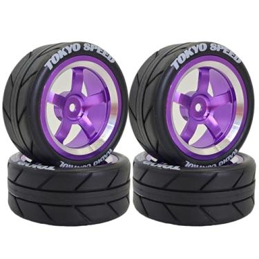 Imagem de Chanjorlin 1/10 On Road Racing Tires and 5-Spoke Aluminum Wheels 12mm Hex OD 2.56" RC Touring Tyres for 1:10 Rally Street Drift Car Tamiya TT01 TT02 XV01 A959 PTG2 KYOSHO HSP Traxxas 4PCS (Purple)