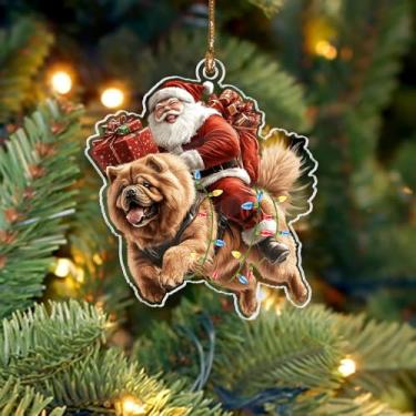 Imagem de BEETHIS Engraçado Chow Chow Ornamento de Natal de Papai Noel 2025 – Decoração 2D de acrílico plano para pendurar em carro de Papai Noel e cachorro – Hilário para amantes de cães – Decoração de Natal