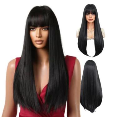 Imagem de Peruca Lisa Com Franja 60cm Orgânica Igual Cabelo Humano Preta - MHair
