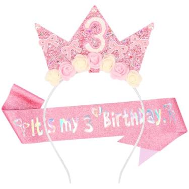 Imagem de SuPoo Tiara de 3º aniversário e faixa de flor de terceiro aniversário para meninas, coroa de laço rosa para meninas, tiara de princesa, faixa de cabelo com glitter, 3 anos, decorações de festa