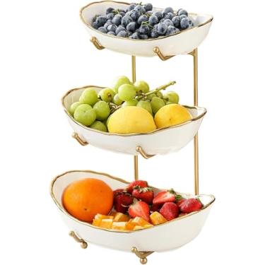 Imagem de Cesta de frutas para bancada de cozinha, suporte de frutas de 3 camadas com suporte de metal dourado, bandeja de servir para alimentos, legumes, bolo, sobremesa em festa (ouro, 3 camadas)