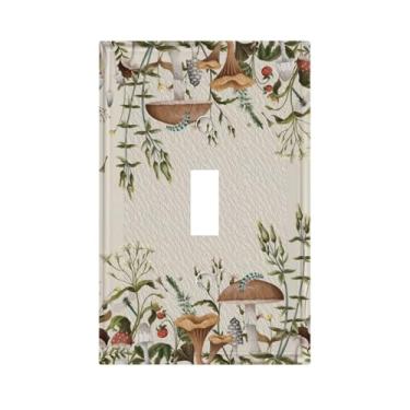 Imagem de ybclf Capa decorativa de cogumelo boho vintage bege dos anos 70, 1 gangue, interruptor de luz única, planta rústica, floral, botânica, placa frontal elétrica para banheiro, quarto, cozinha, sala