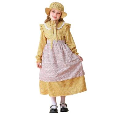 Imagem de Happy Cherry Conjunto de vestidos florais pioneiros colonial 1800 vestido renascentista 3 peças/4 peças 3-15 anos, 4 peças, amarelo, 5-6 Anos