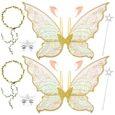Imagem de Waipfaru 2 peças de fantasia de asas de fada para adultos e meninas, conjunto de asas de borboleta com varinha de guirlanda floral, orelhas de elfo para mulheres, Halloween, cosplay, festa, ouro