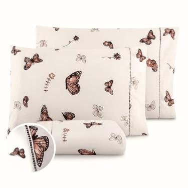 Imagem de Jogo de cama solteiro casal queen e super king completo com lençol plano estampado ponto palito 100% algodão (Borboletas, Super King)