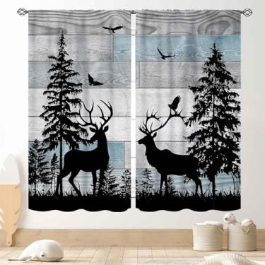 Imagem de TKUYO Cortinas para casa de fazenda, silhueta rústica de pinheiro, veado da floresta, azul velho, prancha, chalé, janela, tratamentos para cozinha, quarto, sala de estar, conjunto de 2 painéis, 106,7