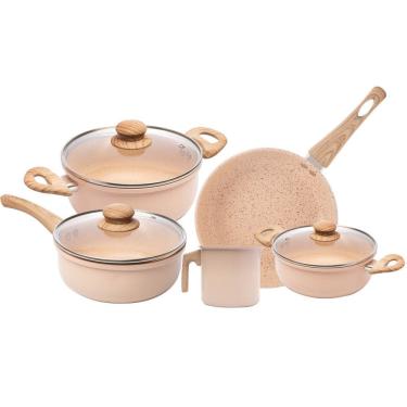 Imagem de Jogo de Panelas Indução Chef 5 Peças Bege em Alumínio com Revestimento Cerâmico Lyor