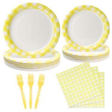 Imagem de UVTQSSP 96 conjuntos de pratos e guardanapos de festa, pratos e guardanapos de papel xadrez amarelo guingão, suprimentos de festa para piquenique de aniversário, servir para 24 convidados, amarelo e