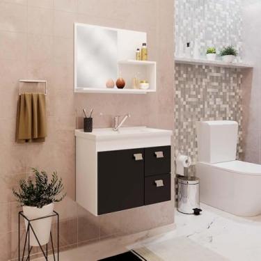 Imagem de Gabinete Suspenso Isa Com Lavatório Marmorite e Espelheira Banheiro 1 Porta 2 Gavetas Branco e Preto