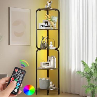 Imagem de Prateleira de canto com luz LED, prateleiras de canto de 5 camadas, prateleira de livros de canto preta prateleira de metal de 162 cm com suporte de armazenamento para canto de parede, sala de estar