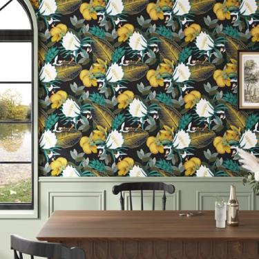 Imagem de Papel de parede floral preto autoadesivo, papel de parede preto e dourado, selva fosca, papel de contato com folhas tropicais, vintage, floral, flor, banheiro, acento, armário de parede 44,5 cm x