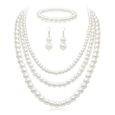 Imagem de Cryshimmer Colar gargantilha de pérolas para mulheres com pérolas falsas, conjunto de brincos, bijuterias, Vidro Pérola sintética Vidro Pérola sintética Pérola branca creme, Sem Pedra Preciosa