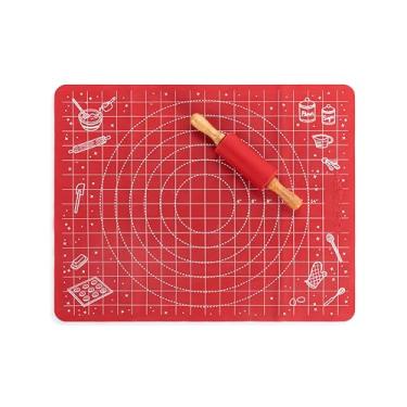 Imagem de DEMDACO Tapete de cozimento festivo com medidas e conjunto de rolo de massa 40,6 x 61 cm, silicone e vermelho madeira